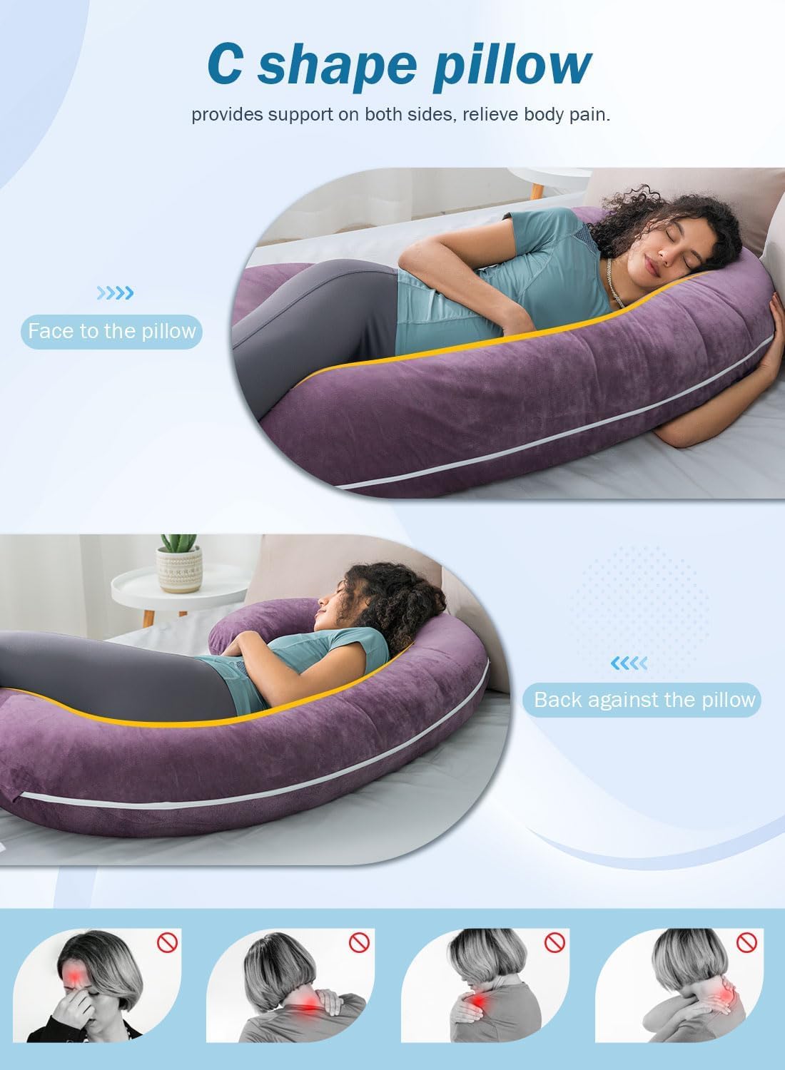 INSEN Pregnancy Pillow, Maternity Body Pillow with Velvet Cover, C Shaped Body Pillow for Sleeping, Purple