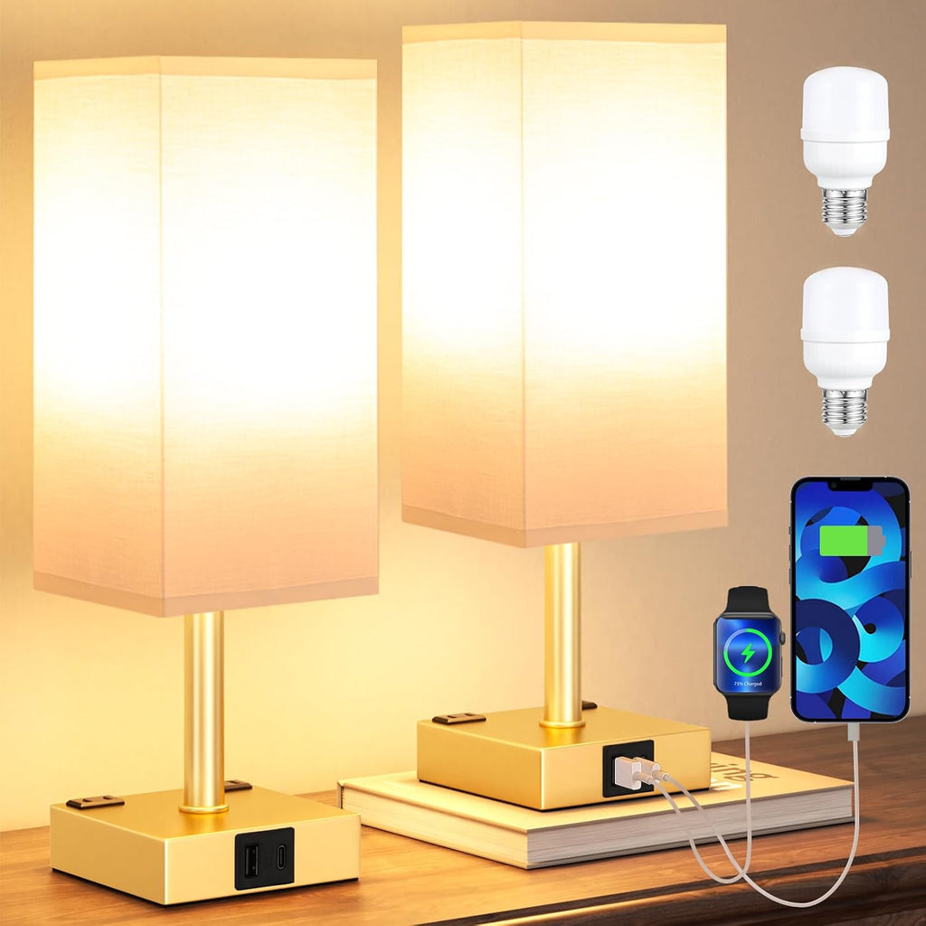 aooshine Gold Base Touch Lamps Set of 2 - Nightstand Lamp with USB-C + A Charge Ports & AC Outlets, 3-Way Dimmable Bedside Lamp, Small…