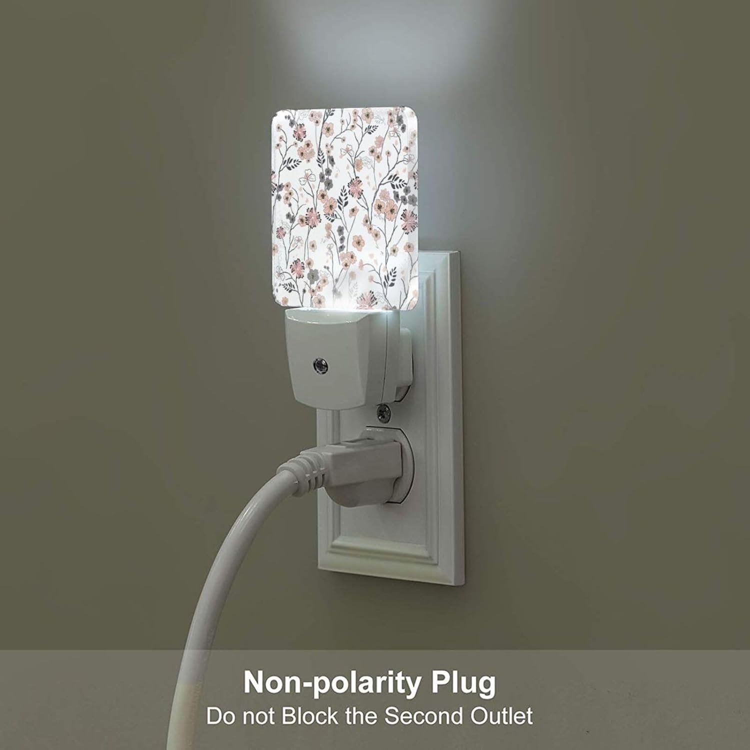 Vintage Peach Pink Floral Night Light, Plug Into Wall for Boys Girls Bedroom Decorative Square Night Light Lamp 0.5w Sleep Friendly