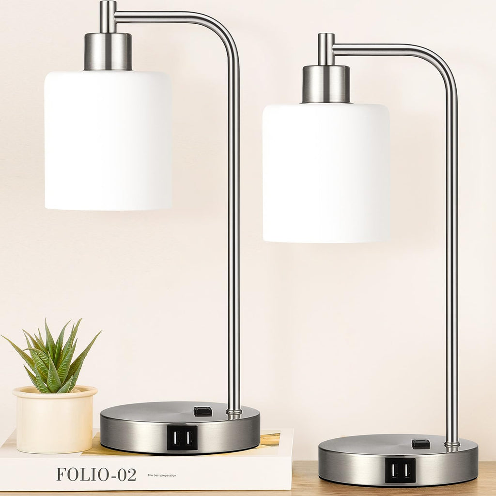 Set of 2 Industrial Touch Control Table Lamps with 2 USB Ports and AC Outlet - 3-Way Dimmable Nickel Bedside Lamp Nightstand Desk Lamps…