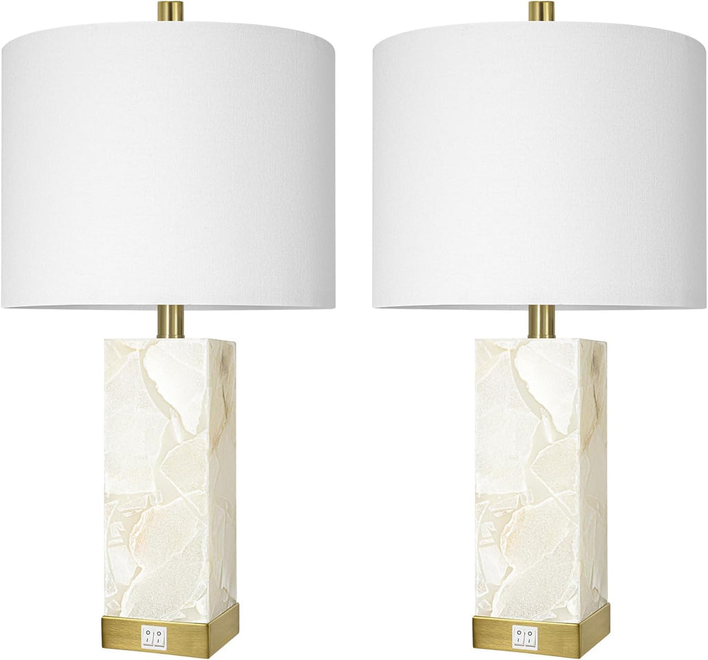 Scenekoy 23" Alabaster Table Lamps Set of 2 for Living Room Bedroom, Bedside Lamps with USB A+C Ports, Modern Table Lamp with Linen Shade…