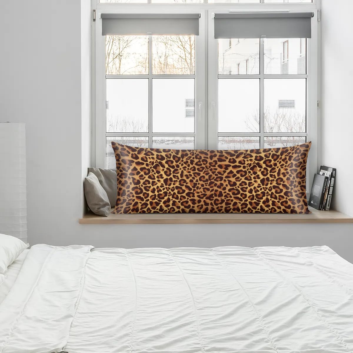 Leopard Design Body Pillow Covers Decorative Soft Bedding Satin Pillowcase with Zipper Closure Cooling Breathable Long Pillow Case-21"x 54"