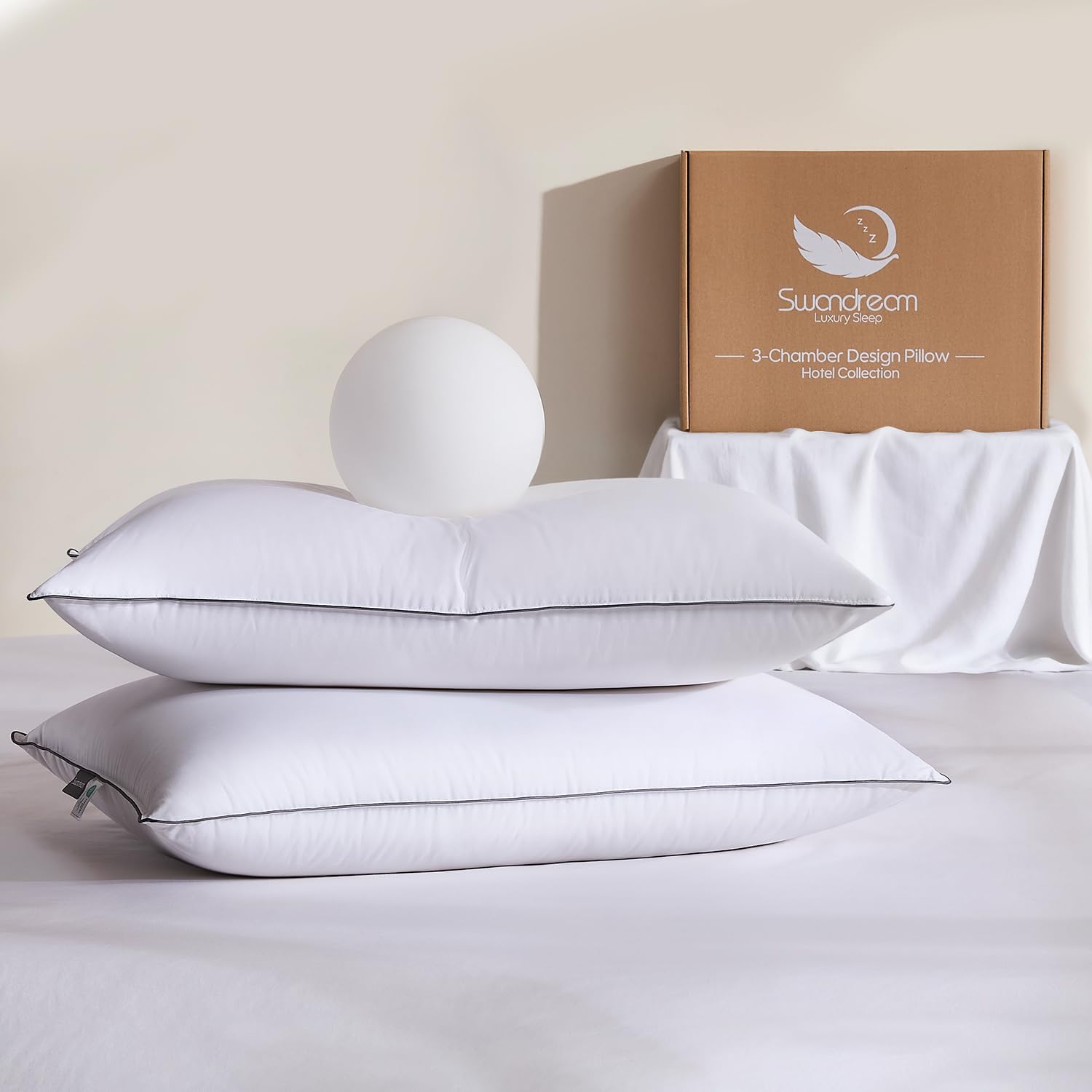Swandream Goose Feather and Down King Pillows 2 Pack, Luxury 3-Chamber Pillows with Soft & Down-Proof Cover, Fluffy Plush Hotel Collection…