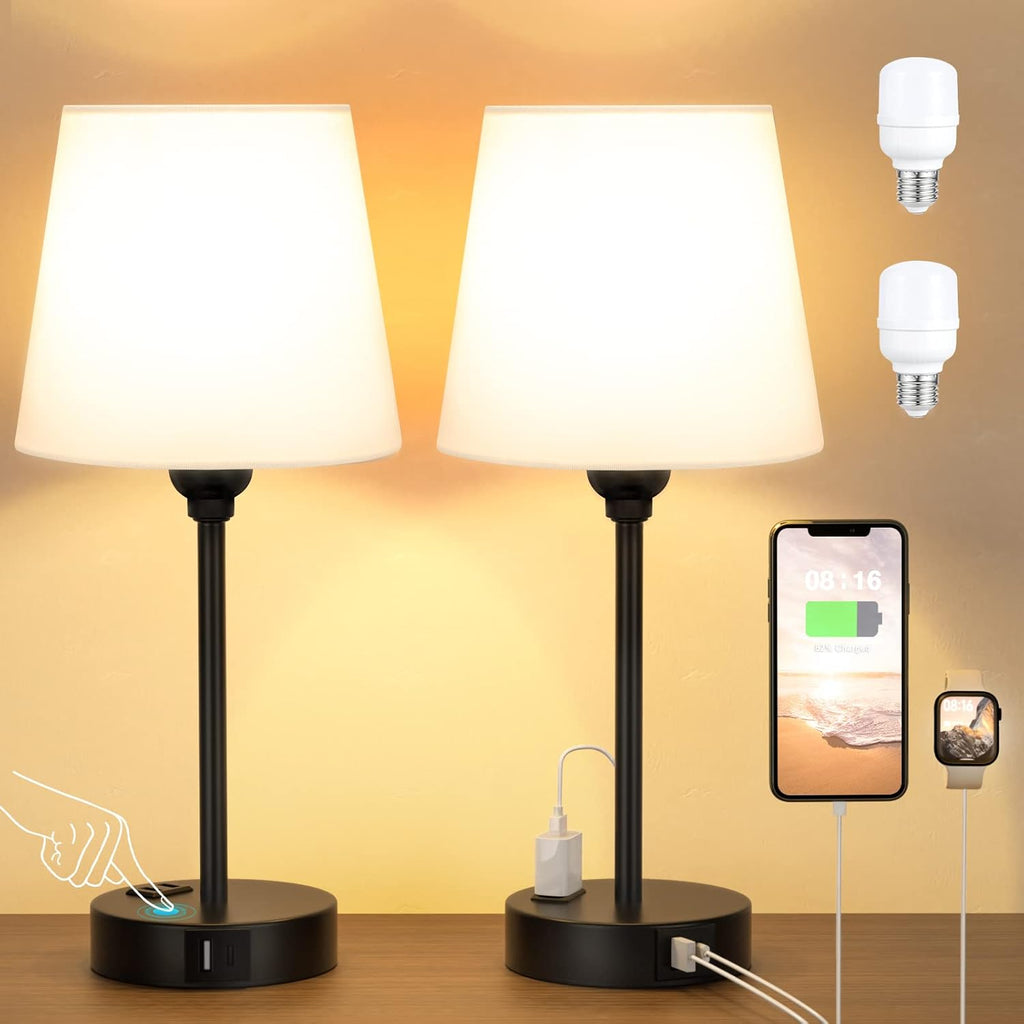 White Bedside Lamps for bedrooms Set of 2 - Nightstand Bedroom Lamp with USB C Port and AC Outlet Charging, 3 Way Dimmable Touch Control…