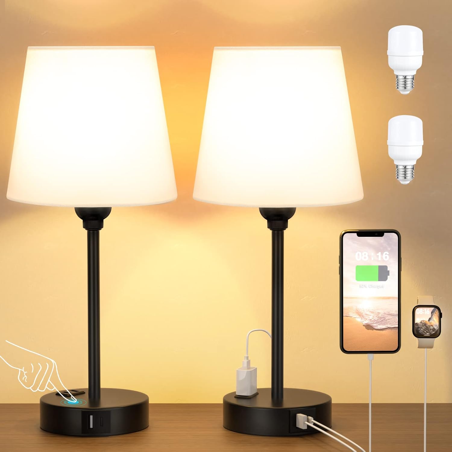 White Bedside Lamps for bedrooms Set of 2 - Nightstand Bedroom Lamp with USB C Port and AC Outlet Charging, 3 Way Dimmable Touch Control…