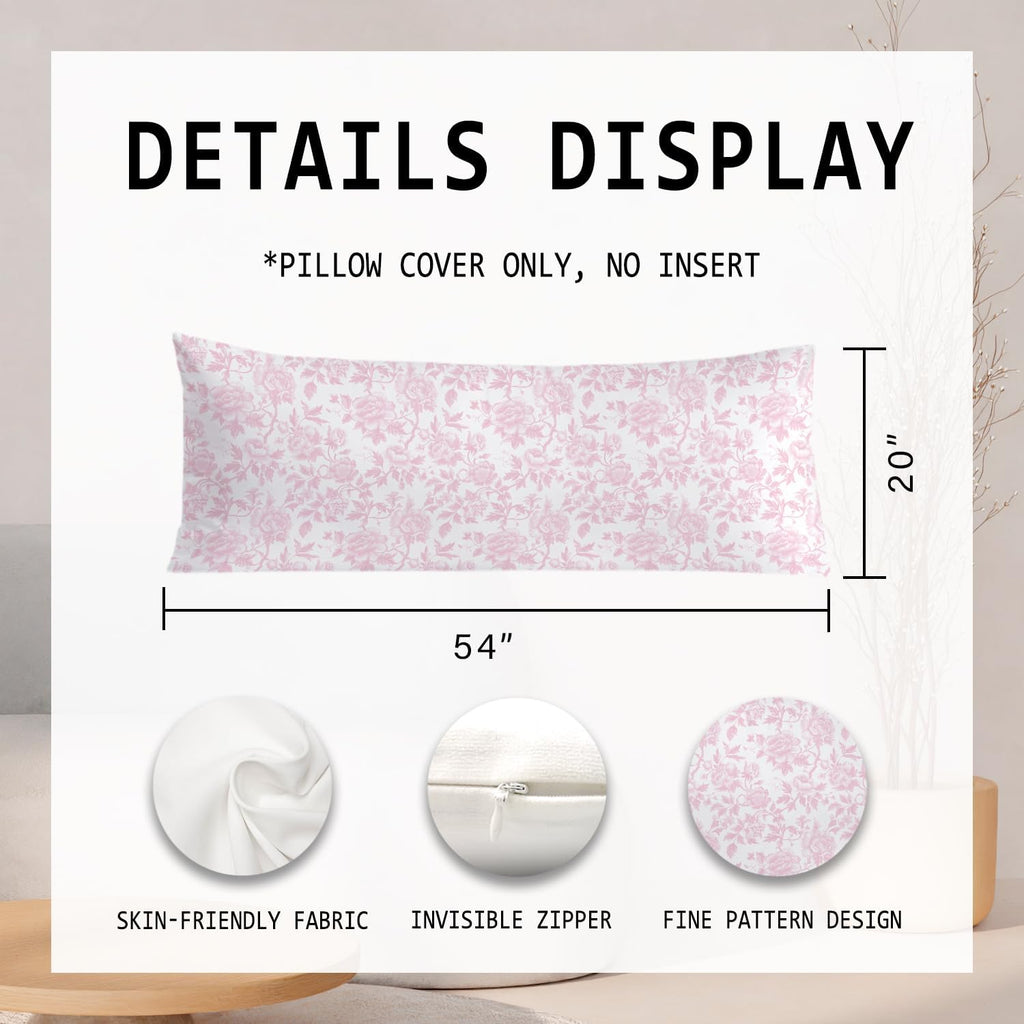 Pink Chinoiserie Floral 20x54 Body Pillow Cover, Grandmillennial Home Decor, Chinoiserie Decor, Vintage Pink and White Flower Decorative…