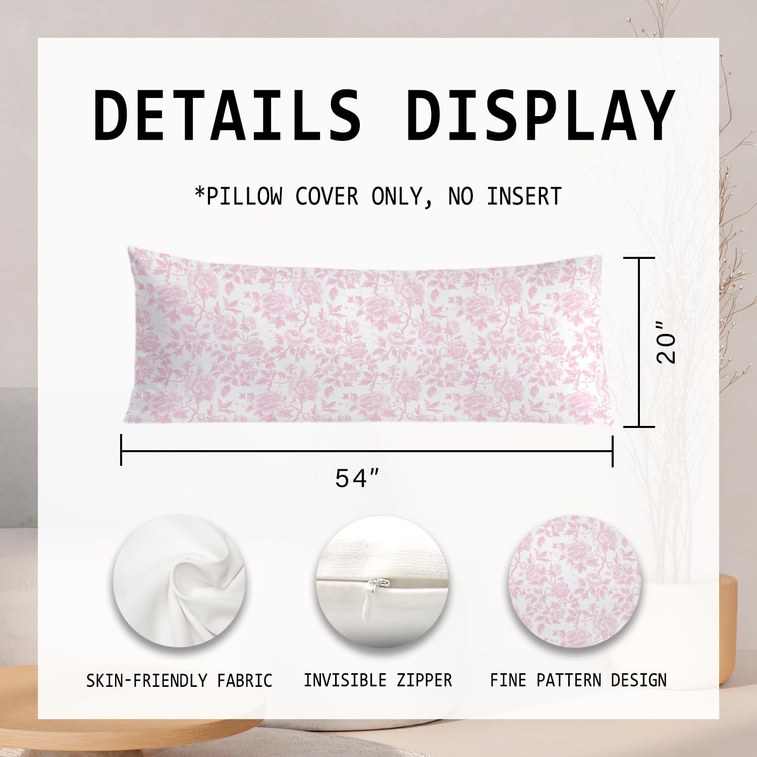 Pink Chinoiserie Floral 20x54 Body Pillow Cover, Grandmillennial Home Decor, Chinoiserie Decor, Vintage Pink and White Flower Decorative…