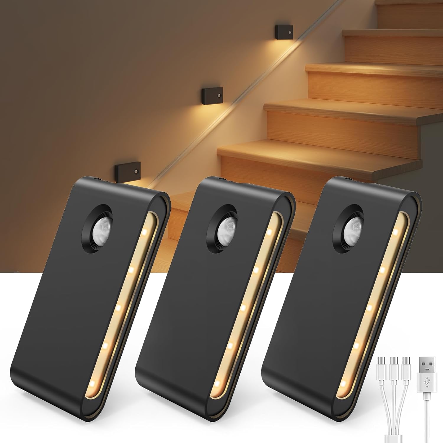 Ezvalo 3 Pack Motion Sensor Night Lights, Sync LED Stair Lights Indoor, 1500mAh Rechargeable, Magnetic & Dimmable, 3000K Soft White, Portab…