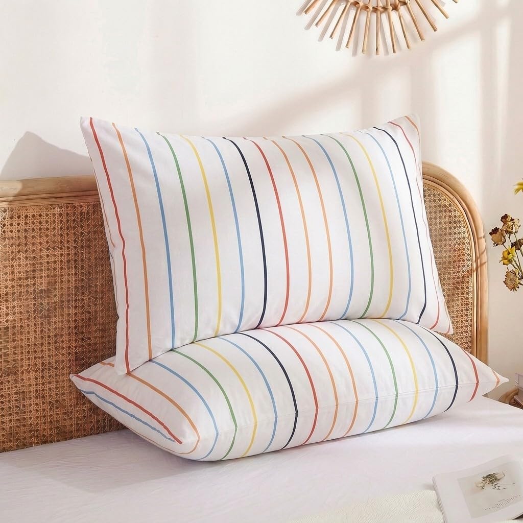 Merryword Standard Size Pillowcases, 100% Cotton Pillow Cases, Rainbow Striped Pillowcases, Soft Breathable Pinstripe Pillow Covers, Set of…