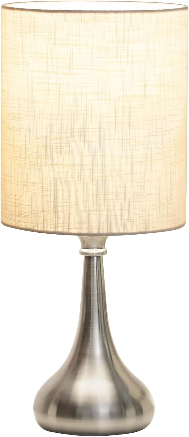 Touch Control Table Lamp, 3 Way Dimmable Simple Night Light Lamp with White Lampshade Silver Metal Base, Small Bedside Table Lamp for…
