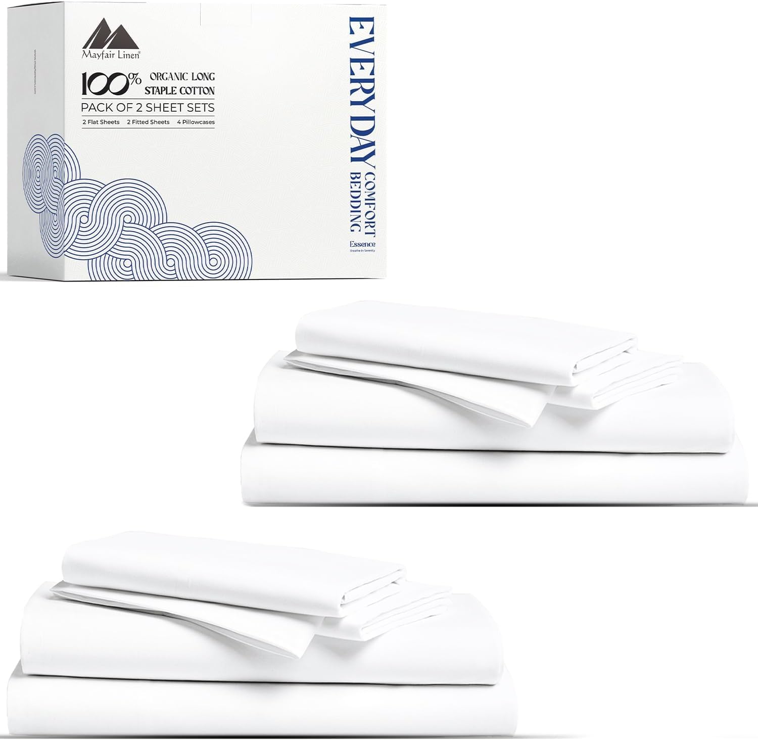 Mayfair Linen 100% Organic Cotton Percale Sheets Twin XL Size Pack or 2 - Soft & Crisp Organic Cotton Sheets Twin XL Size (6 PC, White)…