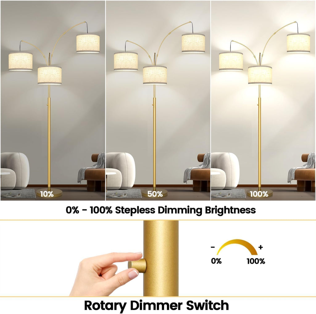 Nintiue Dimmable Floor Lamp - 3 Lights Gold Arc Floor Lamps for Living Room, 1000LM Modern Tall Standing Lamp with White Shades, Mid…