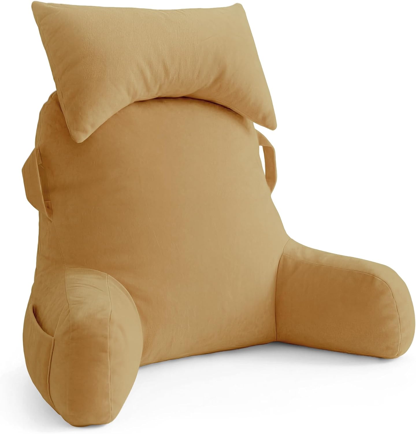 Unisakey Portable Reading Pillows with Headrest for Bed Sitting Up(Camel Oeko-Tex), Velvet Back Pillow with Arms & Pockets for Adults…