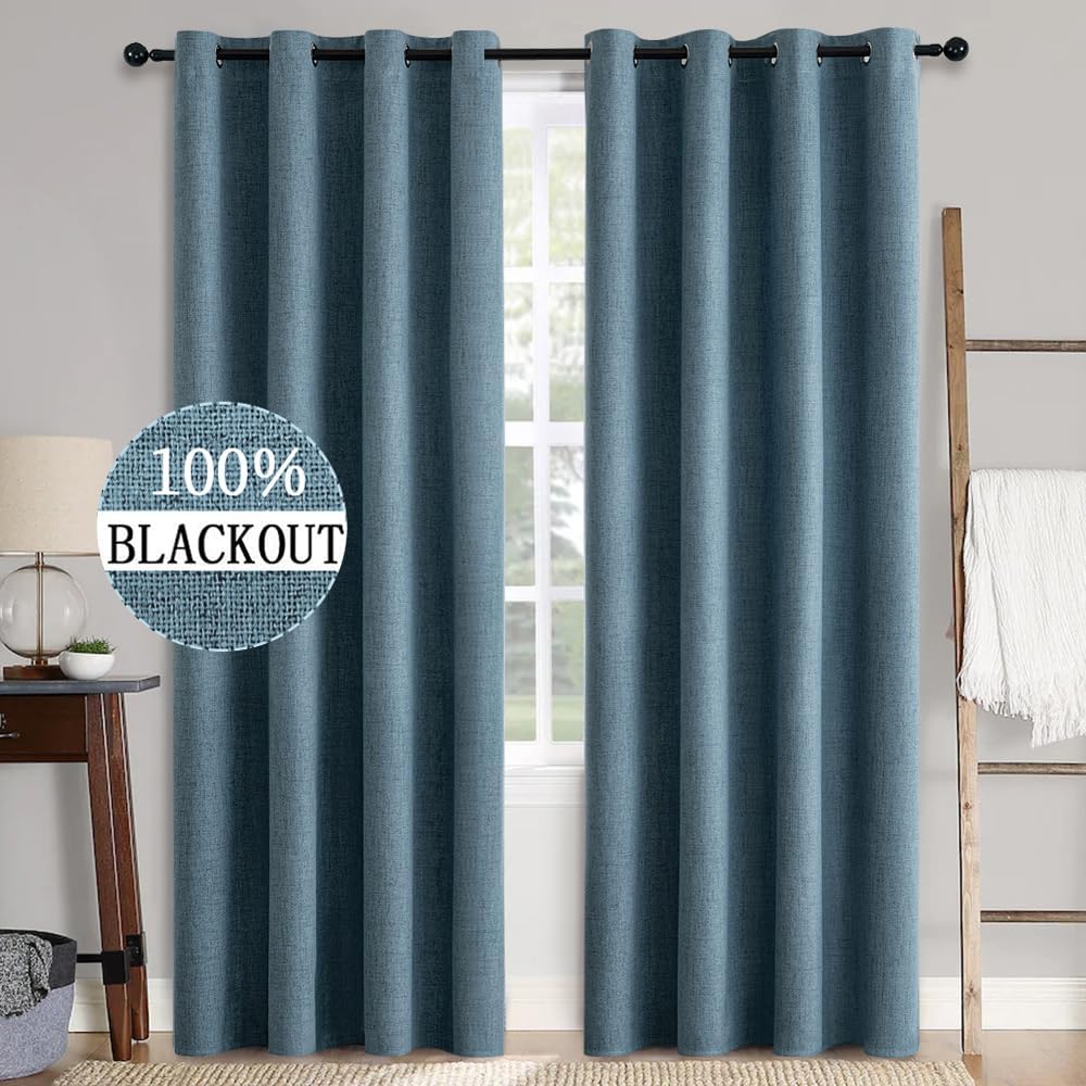 Miulee 2 Panels Blackout Curtains Polyester Texture Opaque Curtains for Bedroom 100% Blackout Thermal Insulated Dusty Blue Curtains 90 Inch…