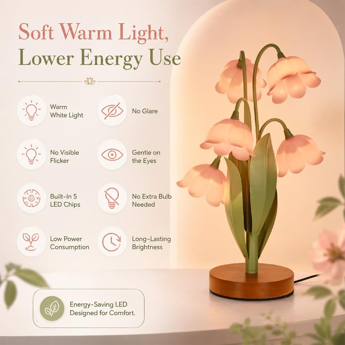 Flower Table Lamp for Bedroom, Cute Reading Light with 5 Pink Tulip Flower of The Valley, Desk Lamp Bedside Lamps for Nightstands Home…