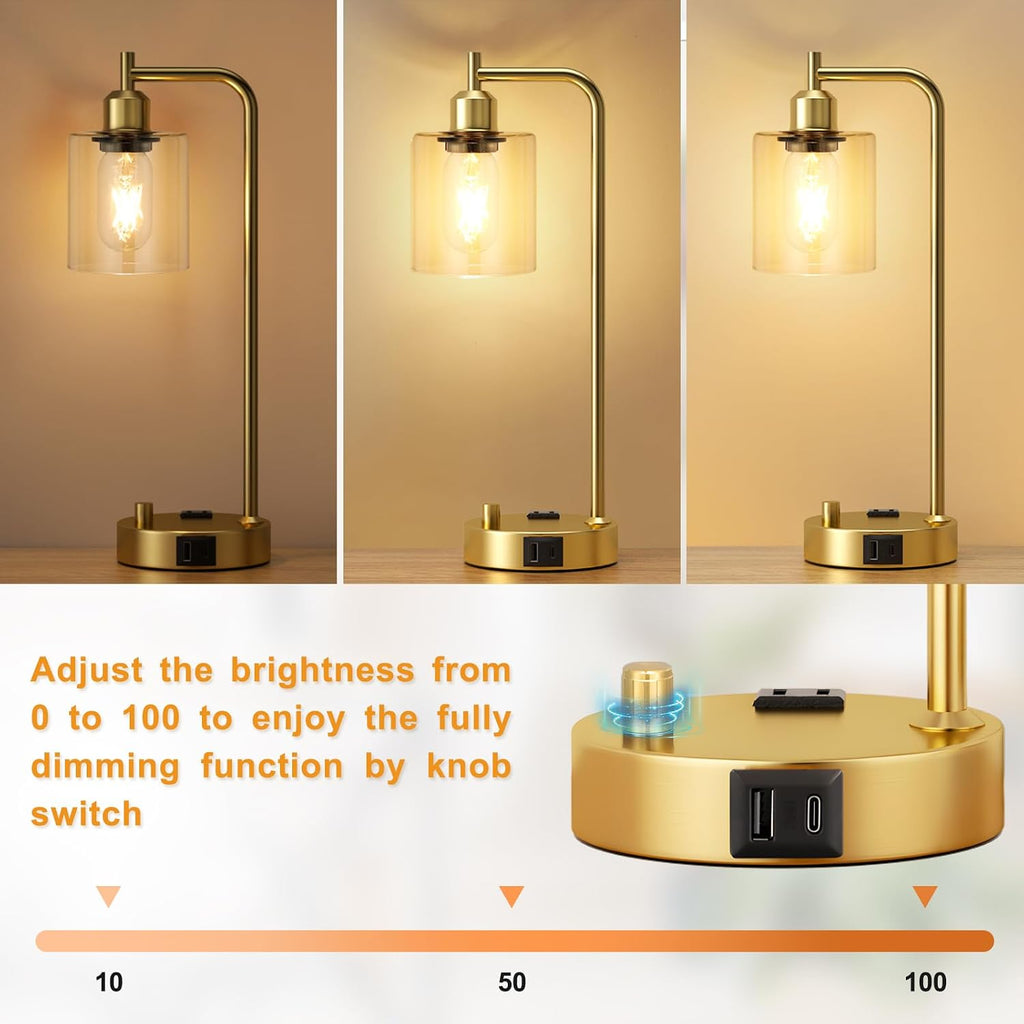 Innqoo Industrial Table Lamp for Bedroom Set of 2 - Fully Dimmable Bedside Lamps with USB Ports and Outlet, Gold Nightstand Lamps with…