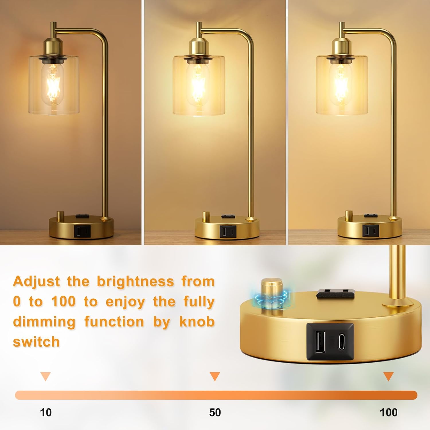 Innqoo Industrial Table Lamp for Bedroom Set of 2 - Fully Dimmable Bedside Lamps with USB Ports and Outlet, Gold Nightstand Lamps with…