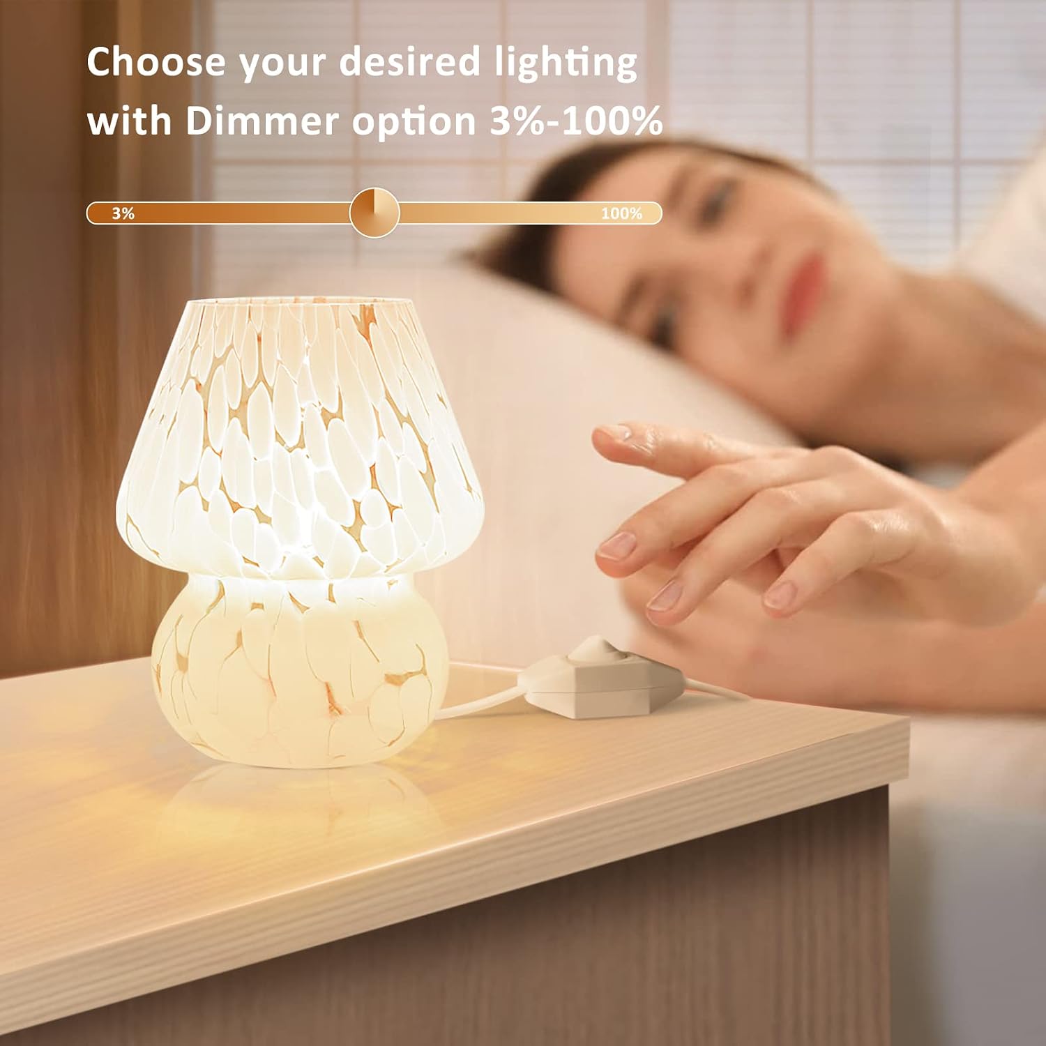 ONEWISH Mushroom Lamp Small Bedside Table Lamp-Nightstand Nightlight Dimmable Stepless, Translucent Glass White Desk Lamp for Bedroom…