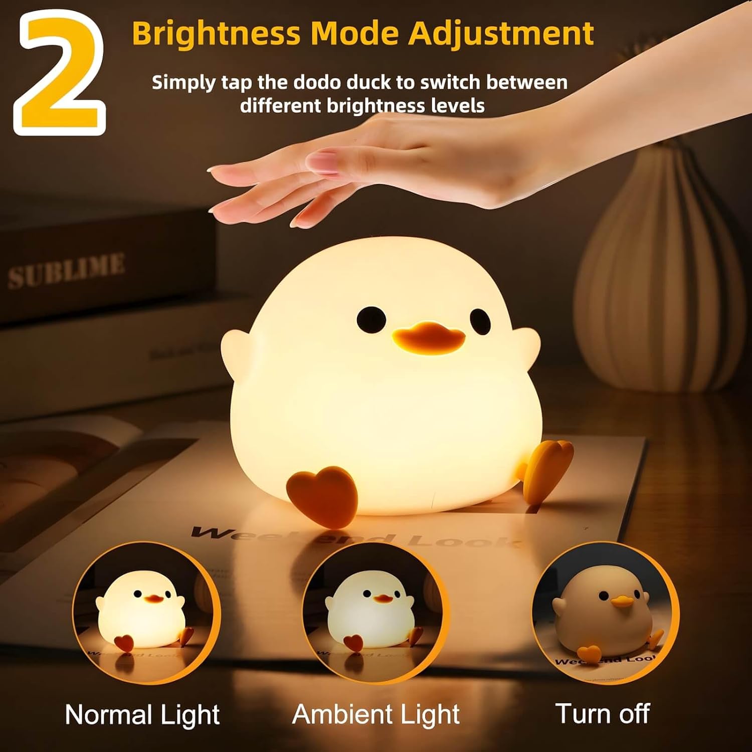 Dodo Duck Night Light, 50Hrs Duck Lamp Squishy, Tap Control 2 Brightness, 20Min Auto-Off, Rechargeable Animal Night Light for Kids…