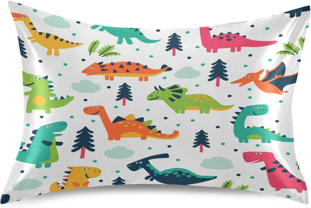 Blueangle Funny Cartoon Dinosaur Satin Pillowcase for Hair and Skin Silk Pillowcase, Queen Size(20x30 inches) - Satin Pillow Covers with…