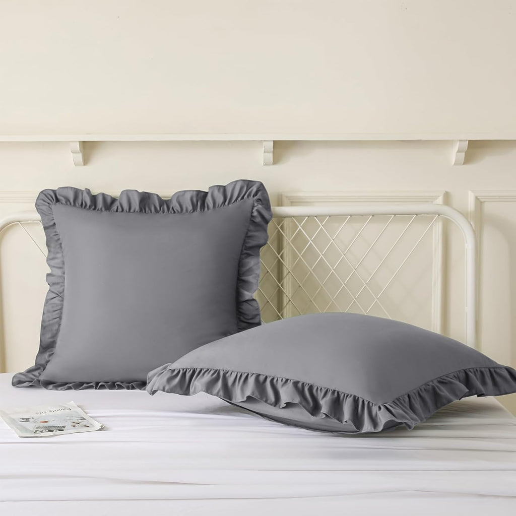 KKJIAF Ruffle Pillow Cases 24x24 Inches, Grey Square Ruffled Pillow Covers Set of 2, Microfiber Wrinkle Resistant Pillow Shams with…