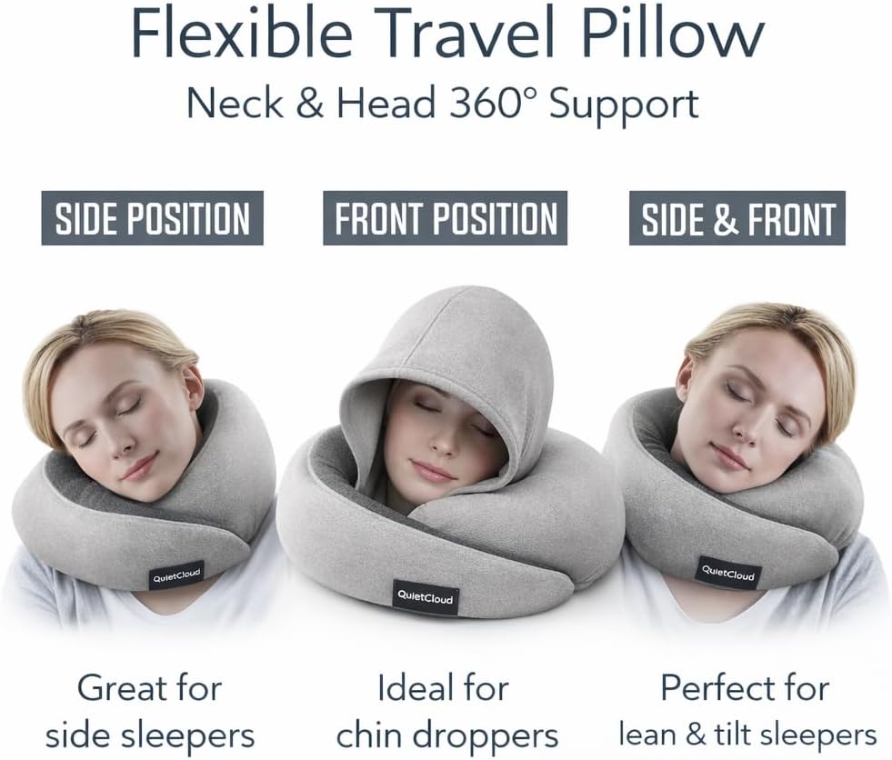 Travel Neck Pillow Hooded Memory Foam 360° Head & Chin Support, Lightweight Breathable Adjustable Fit Travel Neck Pillow with Eye Mask…