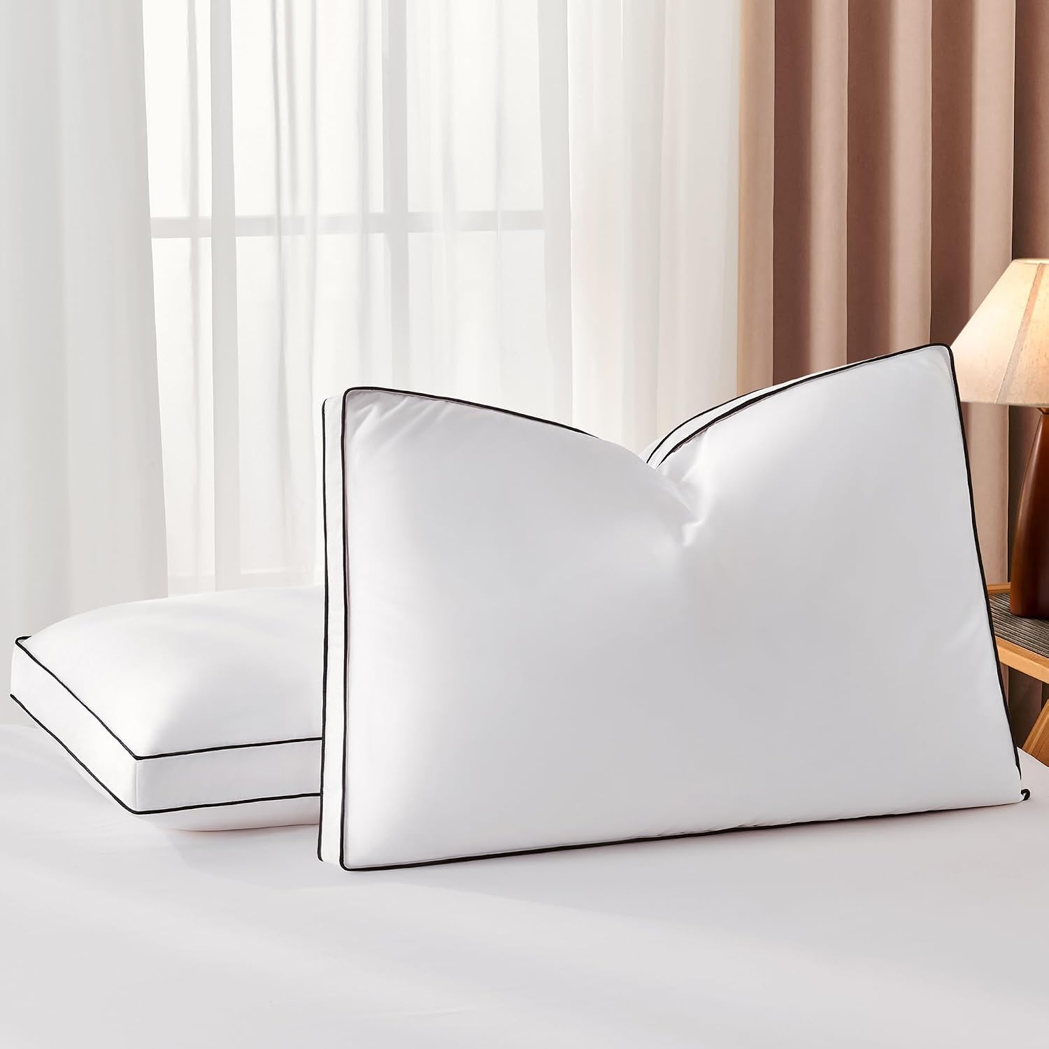 DOWNSTORIA Goose Feather Down Queen Bed Pillows 2 Pack, Luxury Hotel Collection Pillows Set of 2 with Gusset, Down Surrounded Pillow for…