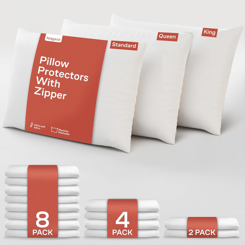 NiagaraSleepSolution Niagara 4 Pack Standard Pillow Protectors with Zipper, Cotton Sateen Blend Tight Weave Non Noisy Zip Covers…