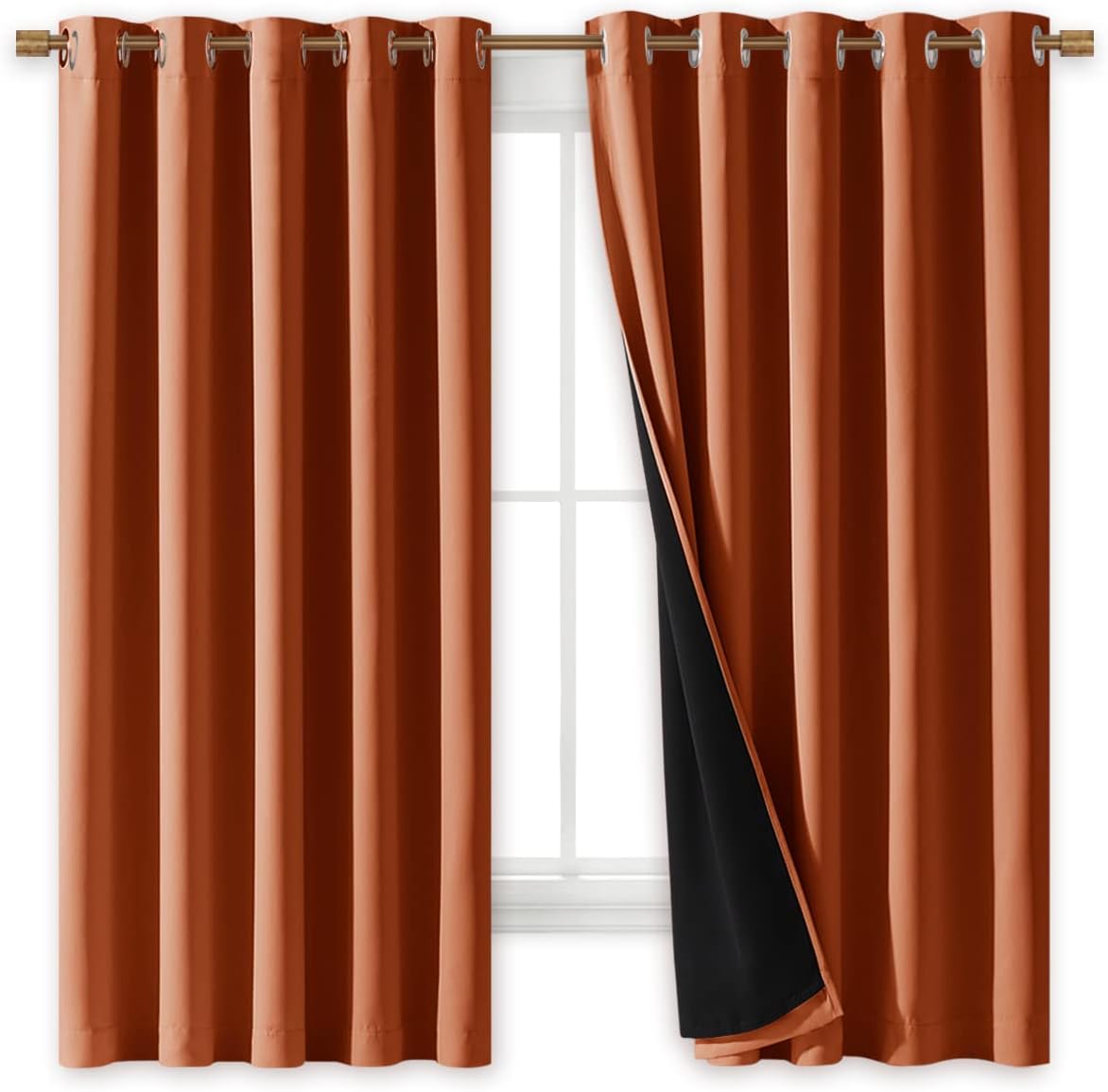 Nicetown Burnt Orange 100% Blackout Lined Curtains, 2 Thick Layers Completely Blackout Window Treatment Thermal Insulated Drapes for Kitche…