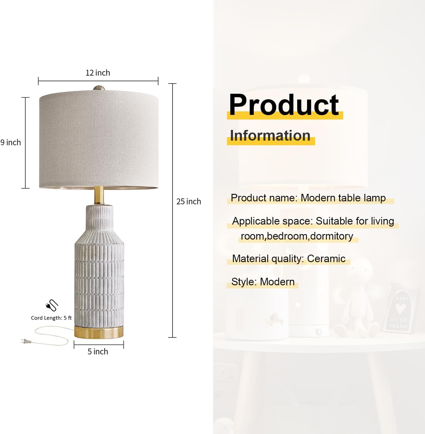 USumkky 25" Table Lamps Set of 2 - Modern Bedside Lamps for Living Room - White Washed Ceramic Nightstand Lamps for Bedroom