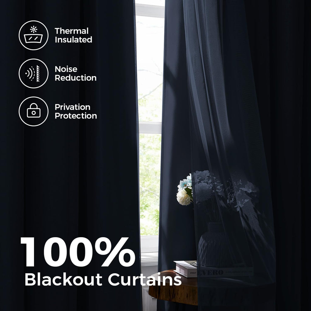 Swandream Blackout Curtains for Bedroom, Double Layer Navy Blue Curtains, Black Out Curtain 90 inch Long with Sheer Overlay for Living Room…