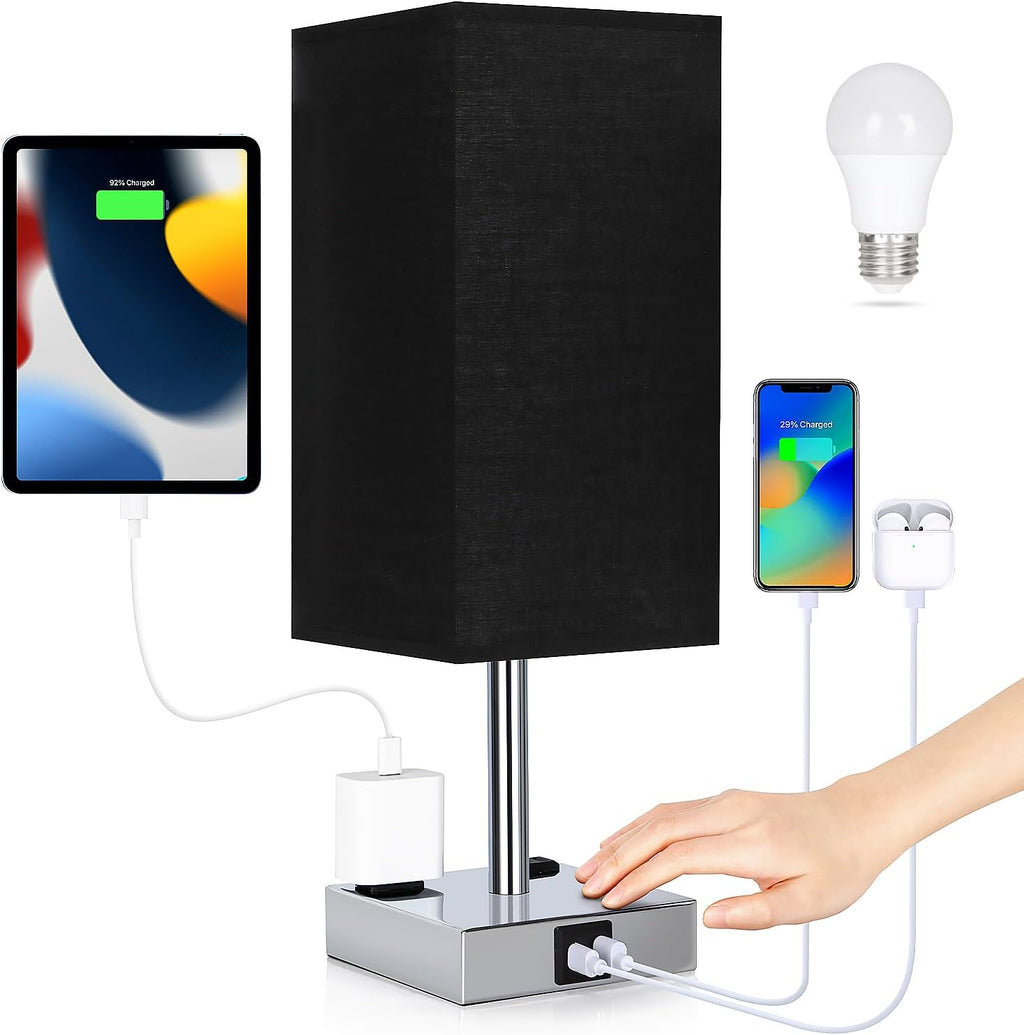 Bedside Lamp with USB Ports - Touch Control Table Lamp for Bedroom with USB C+A Charging Ports & AC Outlets, 3 Way Dimmable Nightstand…