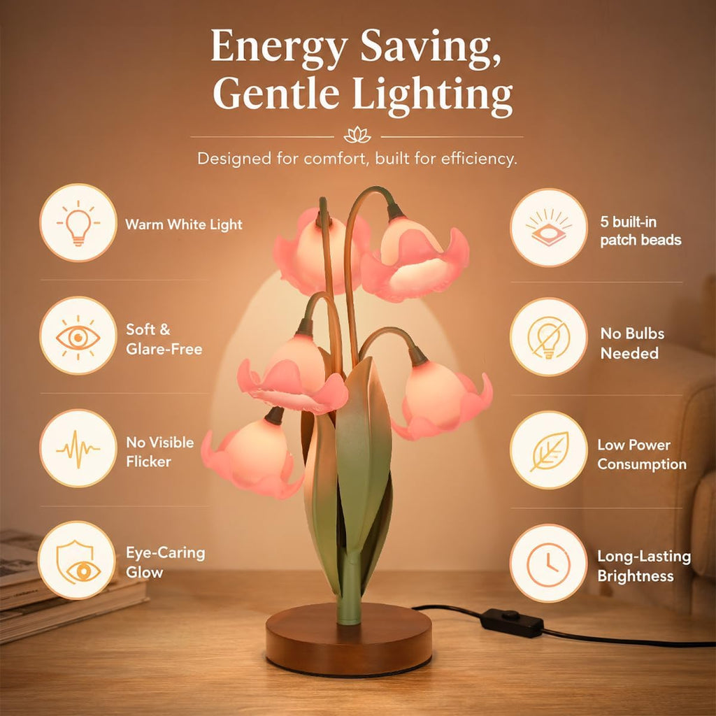 Flower Table Lamp for Bedroom, Cute Reading Light with 5 Pink Magnolia Flower of The Valley, Desk Lamp Bedside Lamps for Nightstands Home…
