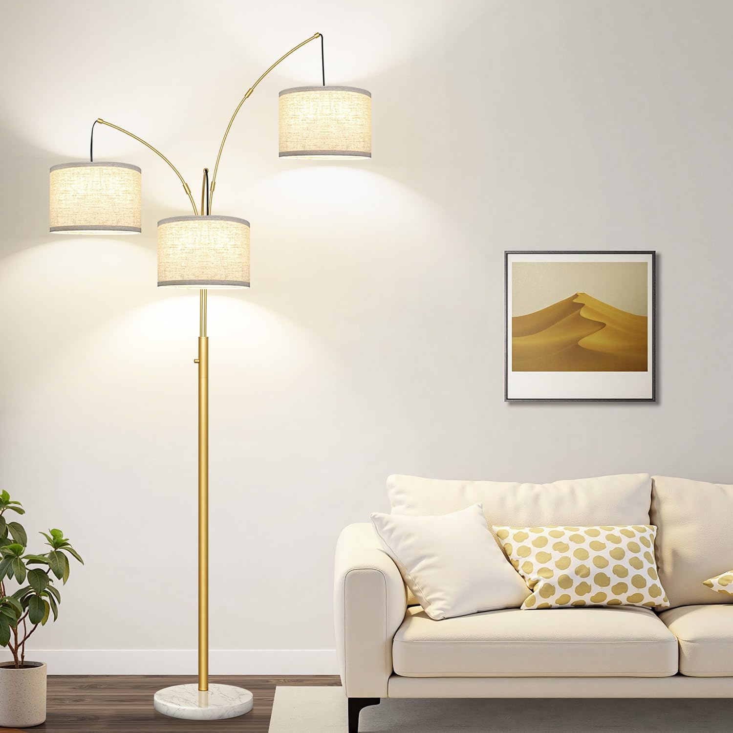 Dimmable 3 Lights Arc Floor Lamp, Modern Tall Standing Tree Lamp with Gold Pole, White Linen Shades & Solid Marble Base, 3000LM Warm…