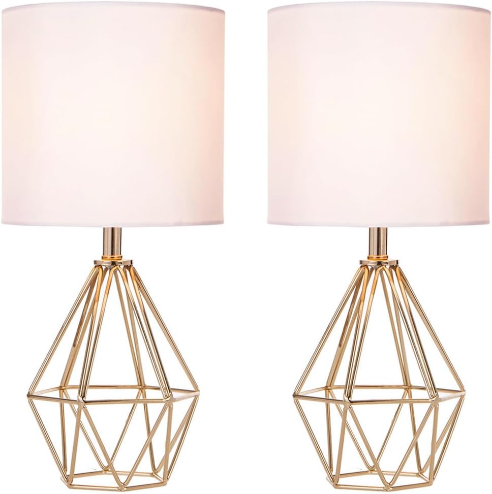 Gold Small Table Lamp Set of 2, Modern Bedside Nightstand Lamps with Geometric Metal Base White Fabric Shade, Cute Desk Lamp for Living…