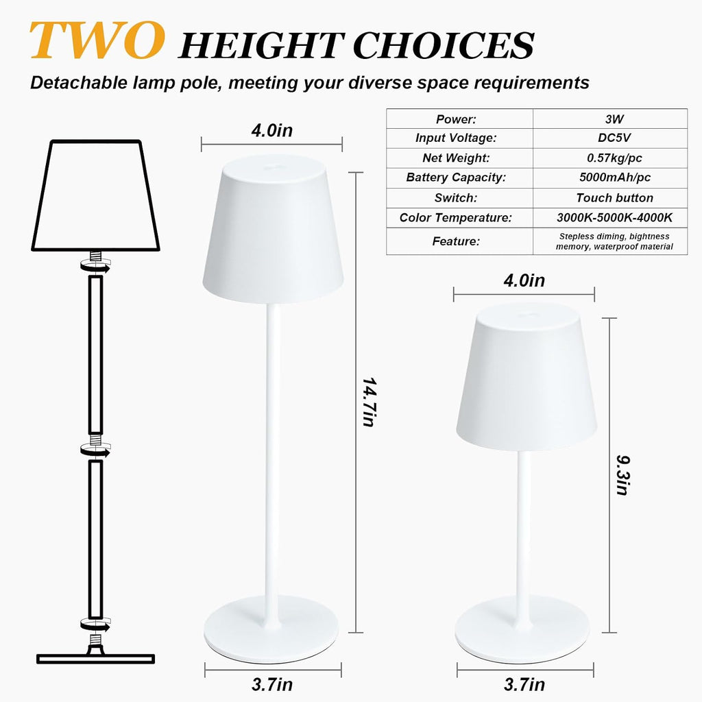 Kakanuo Cordless Table Lamp Rechargeable White - KK 2 Pack 5000mAH Battery Operated Lamp for Table, 3 Color Stepless Dimming Wireless…