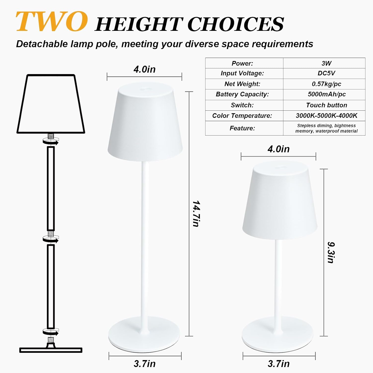 Kakanuo Cordless Table Lamp Rechargeable White - KK 2 Pack 5000mAH Battery Operated Lamp for Table, 3 Color Stepless Dimming Wireless…