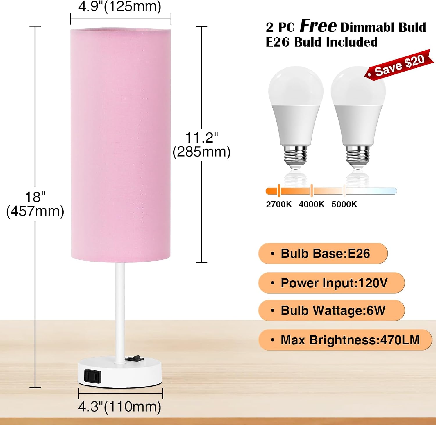ZJOJO Table Lamp for Bedroom 2 Pack,18in Bedside Lamps with 3 Way Dimmable Rocker Switch & AC Outlet, Nightstand Desk Lamp with Pink…