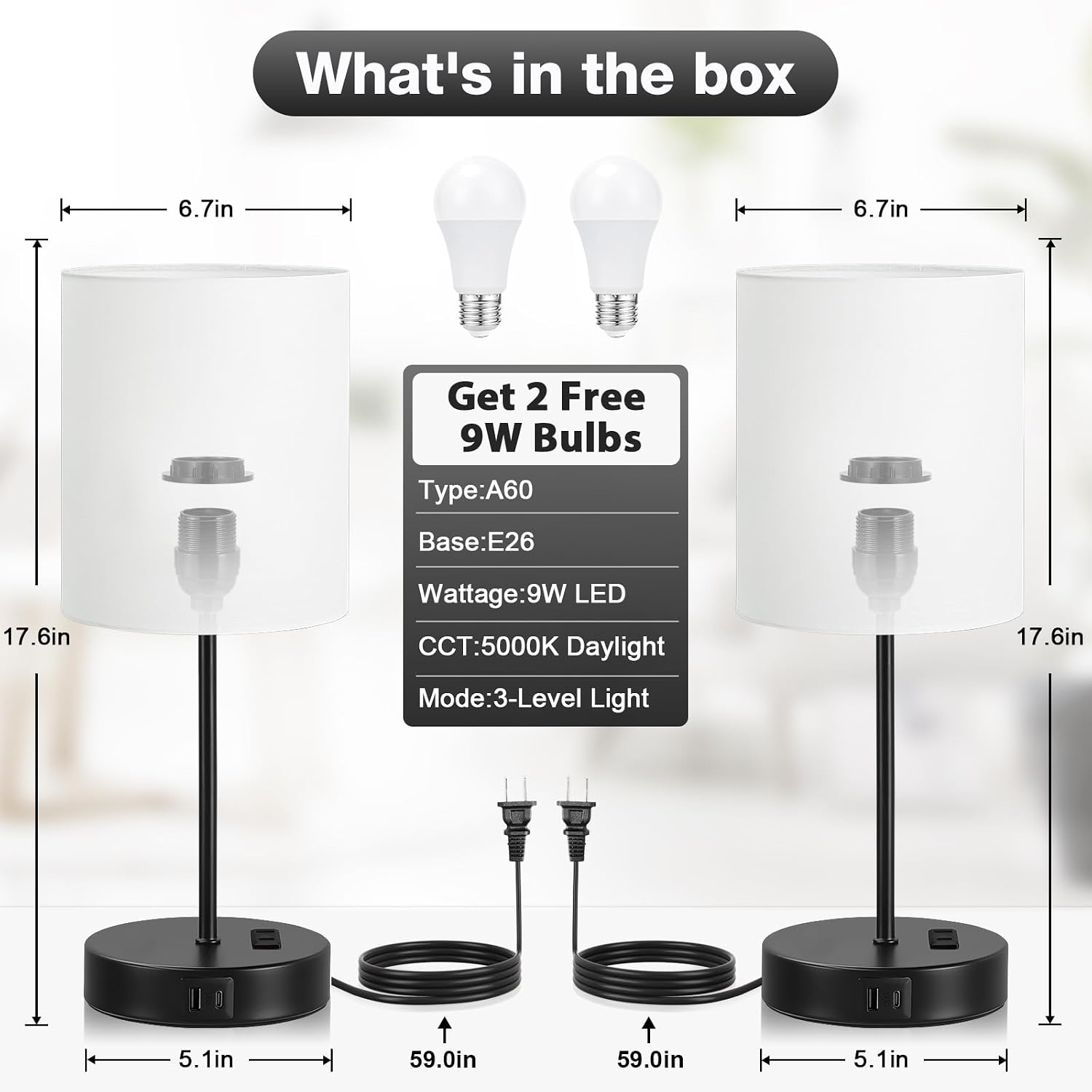 Fenmzeelighting White and Black Lamps for Nightstand Set of 2 - Bedside Table Lamp for Bedroom with Dual USB Ports & AC Outlet, 3-Way Dimma…