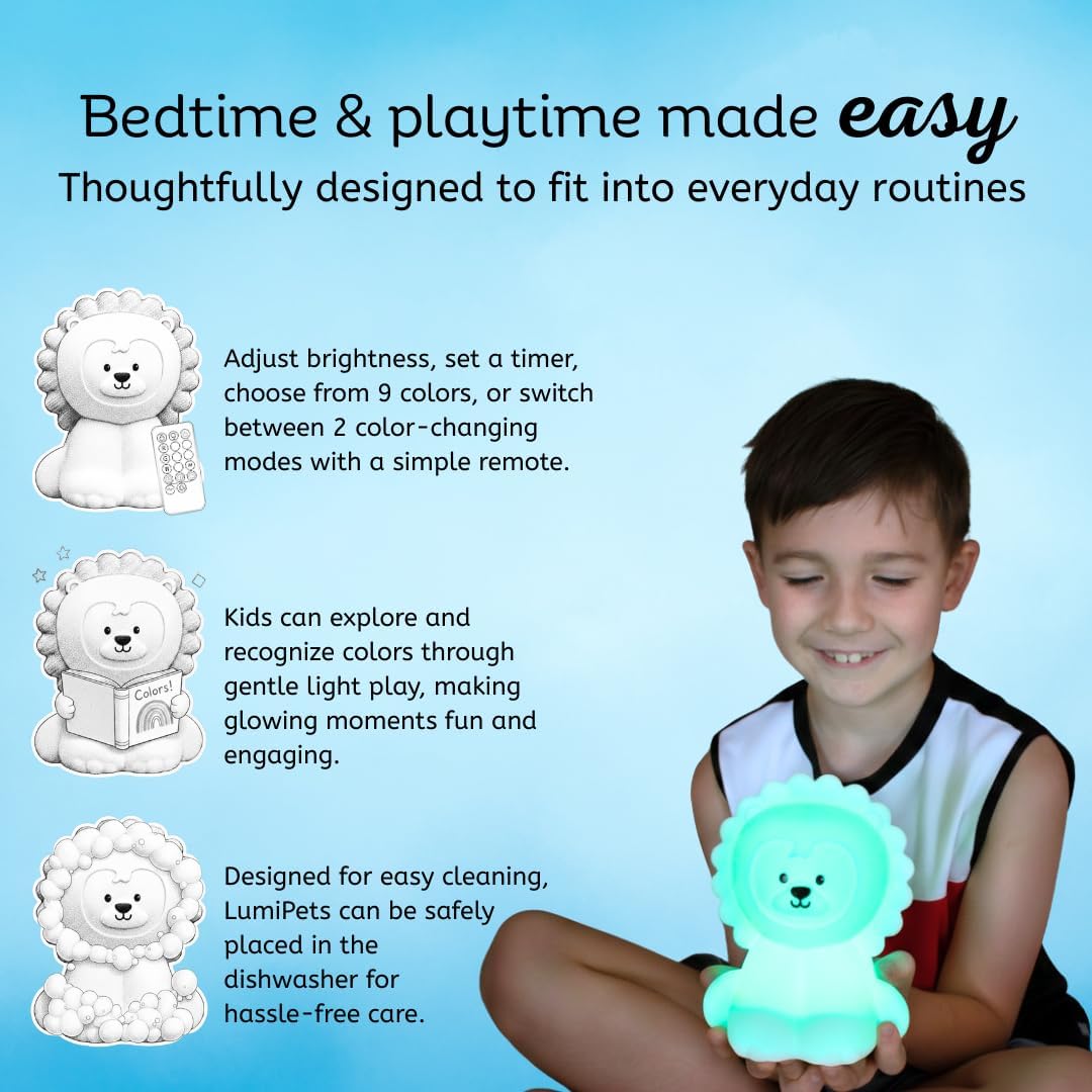 Lumipets Remote Control Silicone Night Light for Kids - Lion Design with 9 Soft Colors & Sleep Timer - Rechargeable, Battery-Operated…