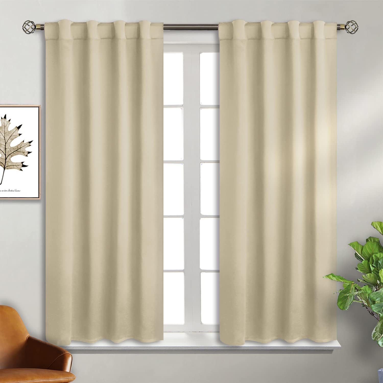 BGment Beige Curtains 45 inch Long - Rod Pocket and Back Tab Room Darkening Thermal Curtains for Bedroom/Small Window/Living Room, 2 Curtai…