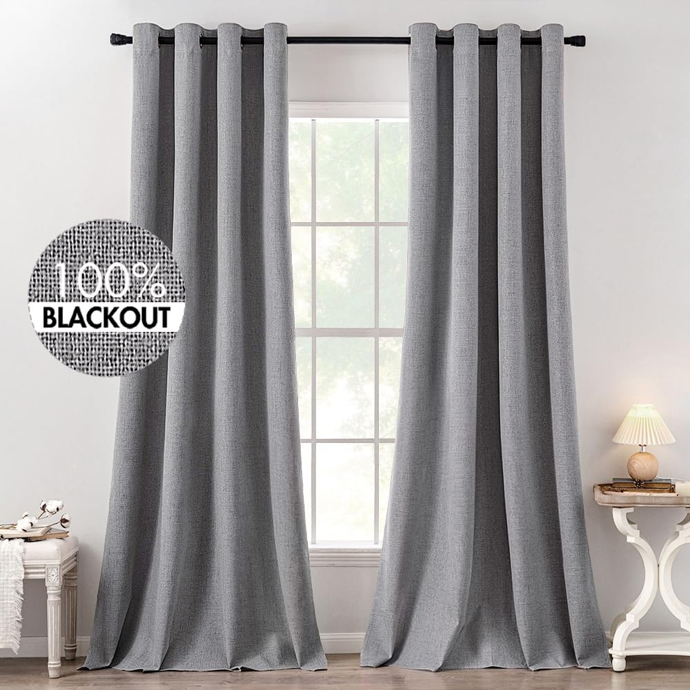 Miulee Linen Texture Curtains for Bedroom Solid 100% Blackout Thermal Insulated Grey Curtains Grommet Room Darkening Curtains/Draperies Lux…