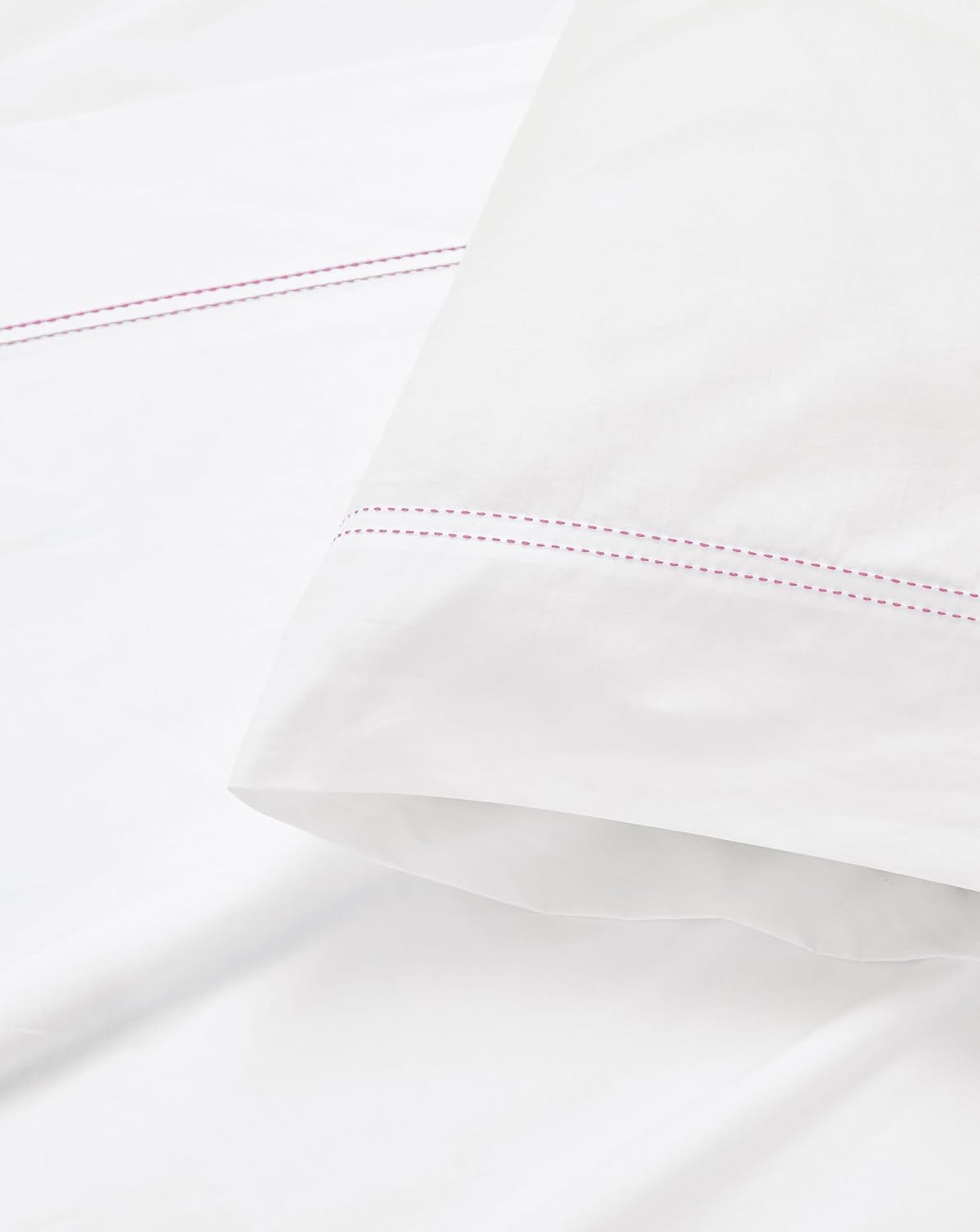Scout 100% Cotton Percale Pick Stitch 2-Piece Standard Pillowcases in White/Pink Lemonade, Solid Color, Oeko-TEX Certified Cotton White