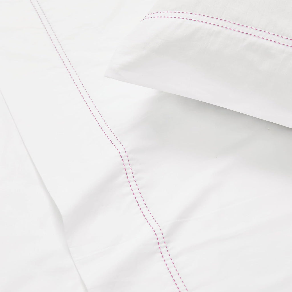 Scout 100% Cotton Percale Pick Stitch 2-Piece Standard Pillowcases in White/Pink Lemonade, Solid Color, Oeko-TEX Certified Cotton White