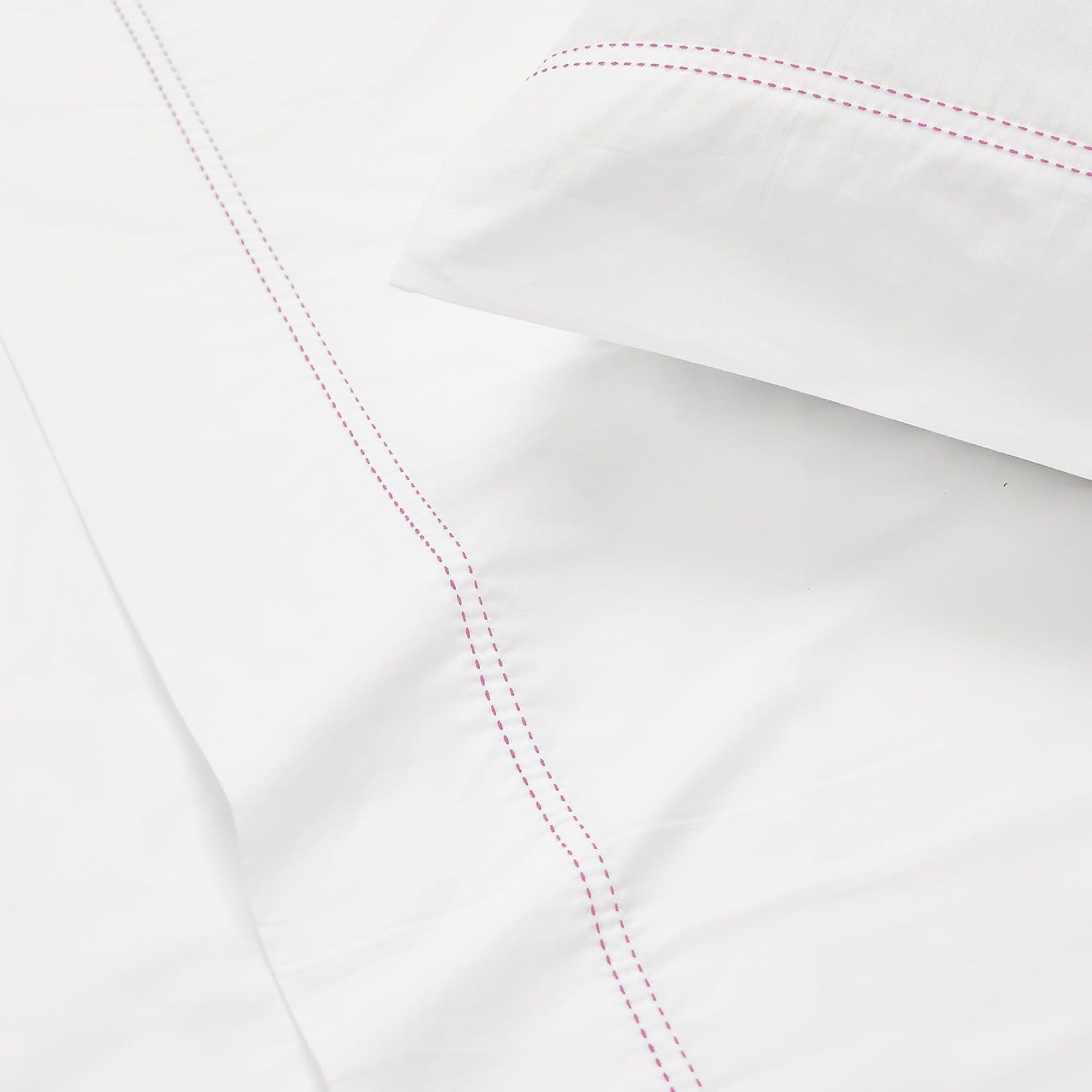 Scout 100% Cotton Percale Pick Stitch 2-Piece Standard Pillowcases in White/Pink Lemonade, Solid Color, Oeko-TEX Certified Cotton White