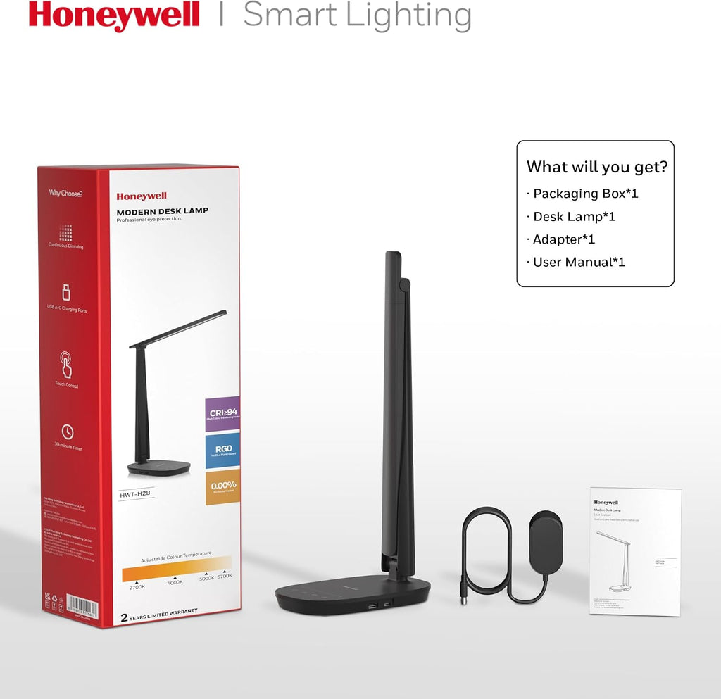 Honeywell HWT-H2 LED Desk Lamp, CRI94 Full Spectrum Eye-Caring Table Light, Foldable Dimmable 4 Color Modes with USB A+C Charging Ports…