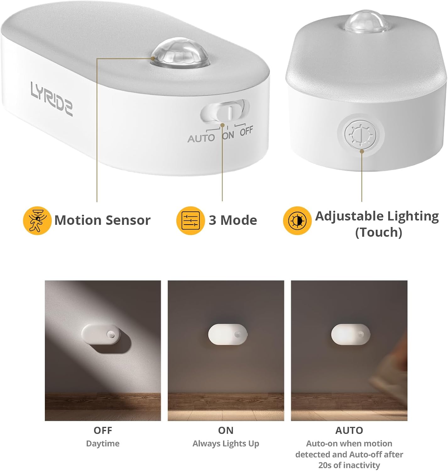 Lyridz Rechargeable Motion Sensor Night Light, Cool White LED Stick-on Closet Light with Dusk to Dawn Sensor, 1-20LM Stepless Adjustable…