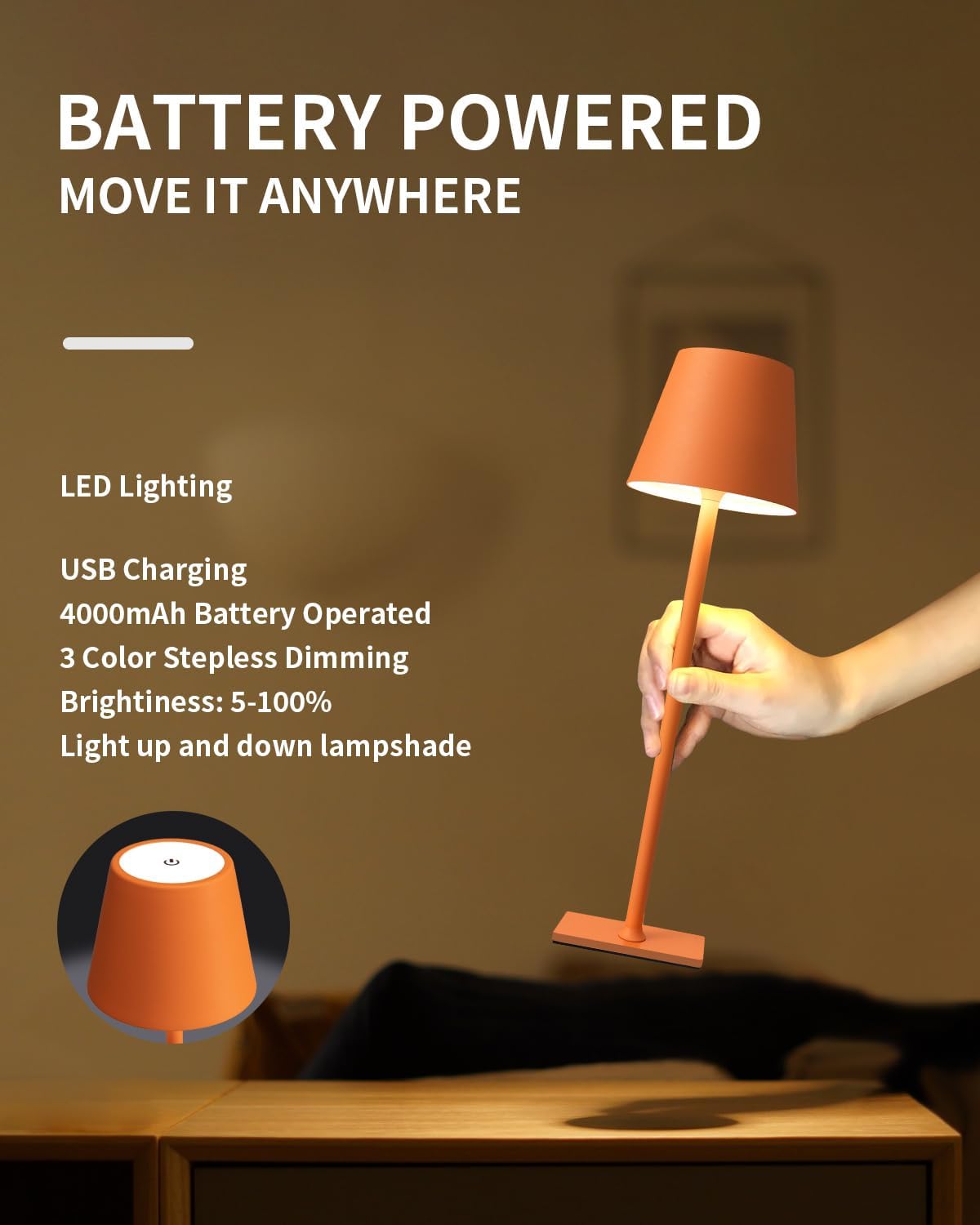 KDG 2 Pack Cordless Table Lamp, Portable LED Desk Lamp, 4000mAh Battery Operated, 3 Color Stepless Dimming Up, for…