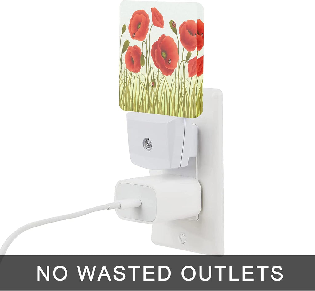 Red Flowers Night Light, Red Poppy Flowers and Ladybugs Plug-in Night Lights with Dusk-to-Dawn Sensor for Stairway/Hallway/Bedroom Sleep…