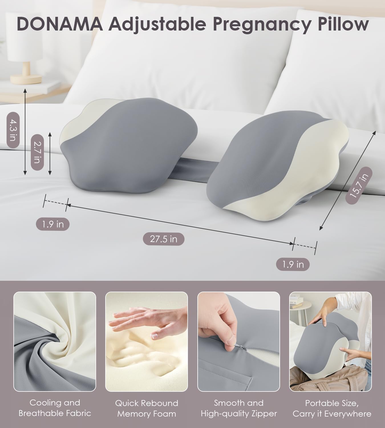 Donama Memory Foam Pregnancy Pillow- with Adjustable Air Bag for Back/Legs/Belly/HIPS Support, W-Shaped Pregnancy Wedge Pillows for Sleepin…